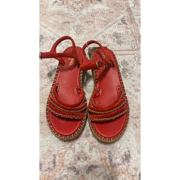 Chanel Red Suede Chain Trim Cork Platform Sandals Ankle Strap CC Logo Size 36.5C - Picture 3 of 7